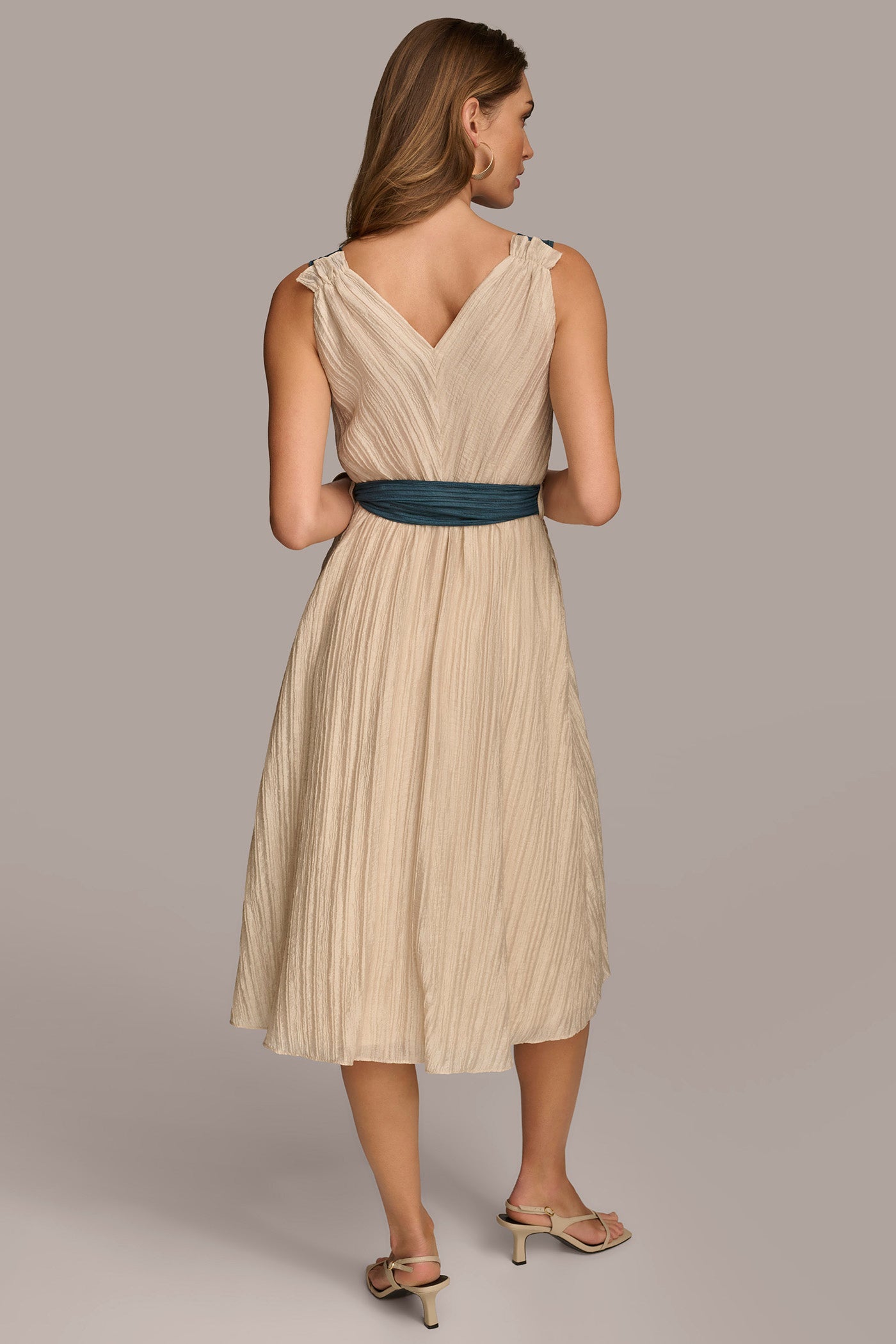 (image for) LEADING V NECK A LINE DRESS WITH SELF TIE BELT